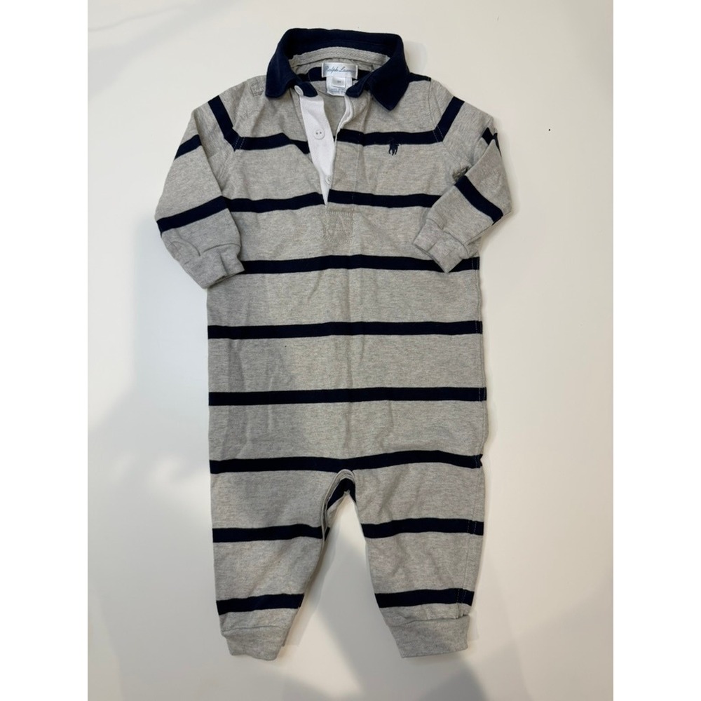 Polo Ralph Lauren Baby Striped Grey/Navy Cotton Rugby Coverall, 9M